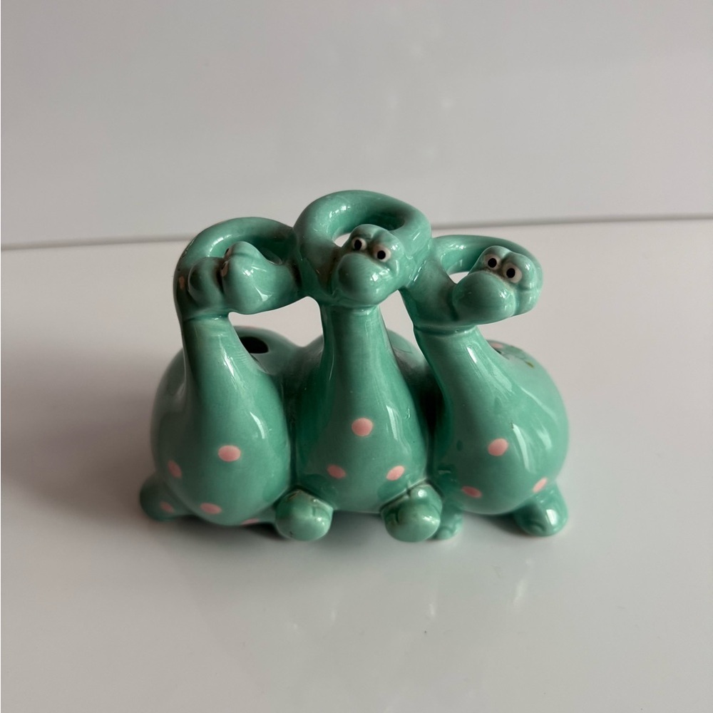 Fitz & Floyd Happy Brontosaurus Dinosaur Greenand Pink Dot Toothbrush Pen Holder